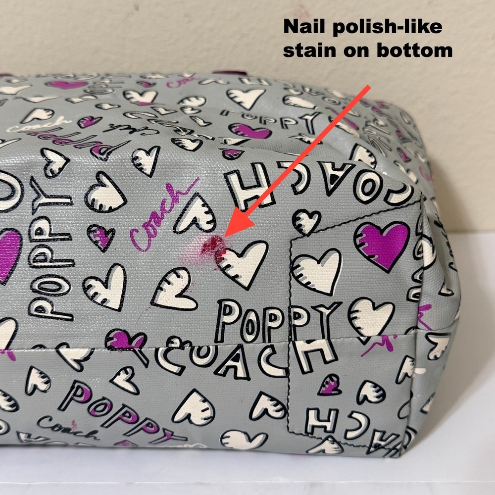 Coach Poppy Hearts Graffiti Tote With Bag Charms Coated Canvas Gray Pink Y2K - Picture 8 of 16